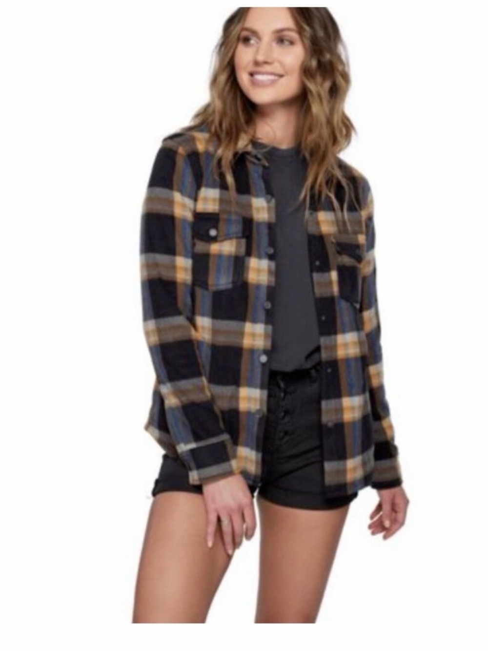 O'Neill Black, Tan & Blue Plaid Button-Down Shirt